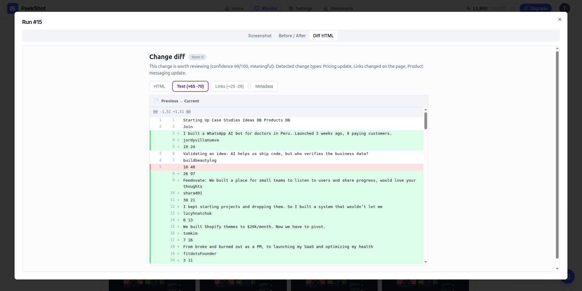PeekShot change diff view showing highlighted text additions and removals with confidence score