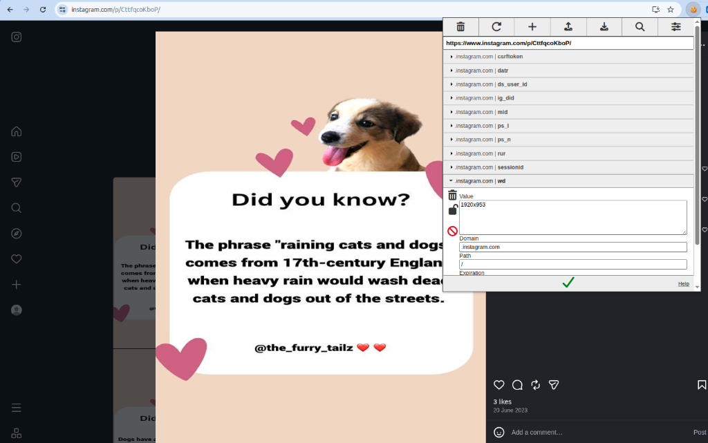 Exporting Instagram session cookies in JSON using EditThisCookie (V3)