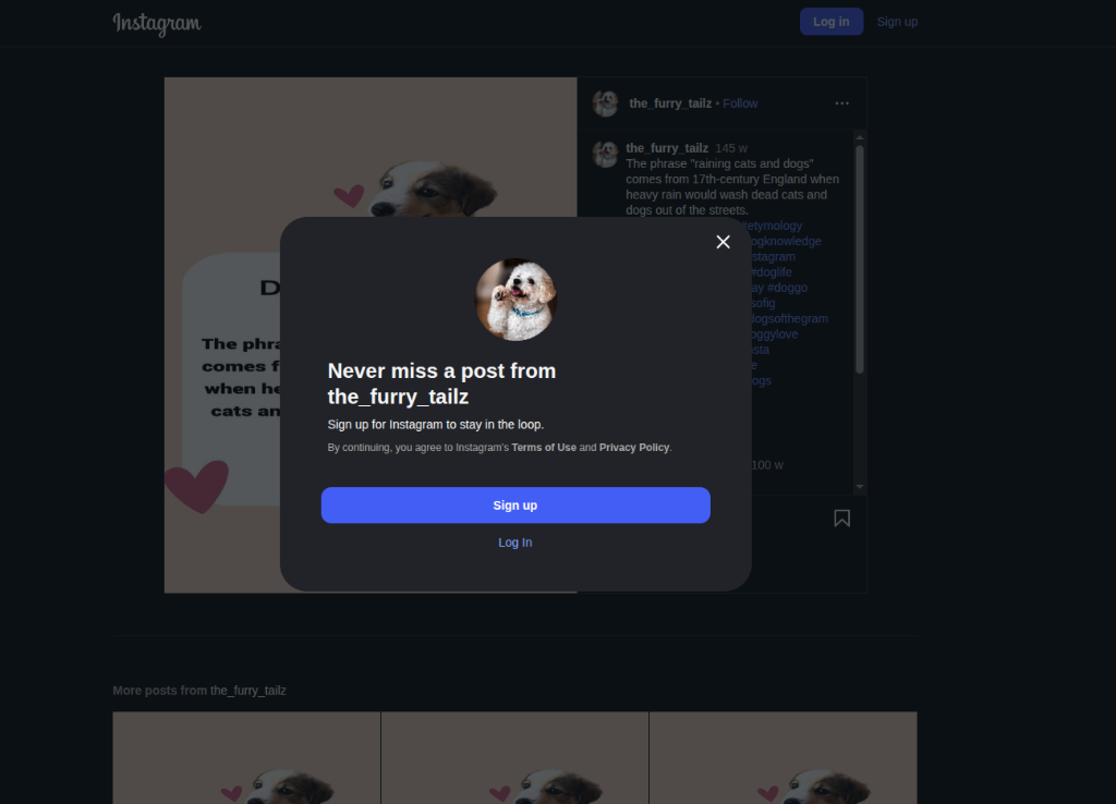 Instagram login wall visible — PeekShot captures the "Sign up to see this post" modal instead of the actual post content