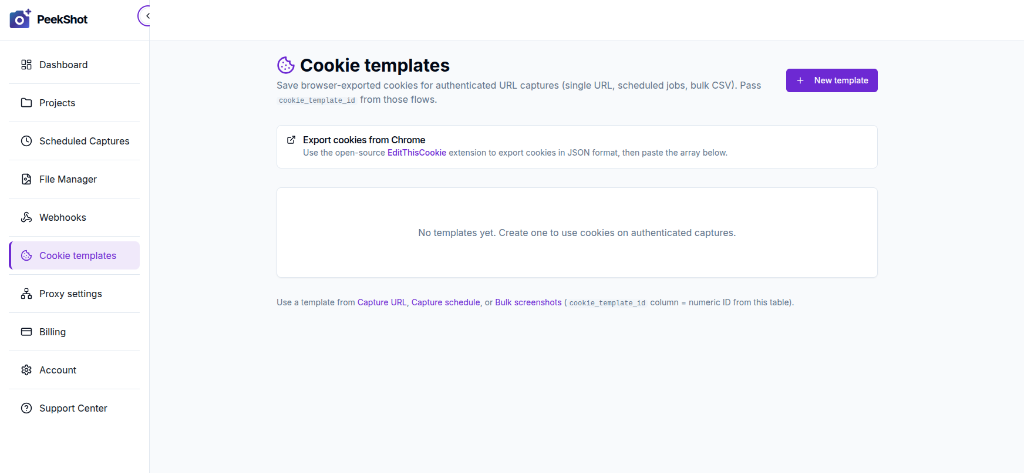 PeekShot Cookie Templates page — empty state showing the "New template" button and a link to the EditThisCookie (V3) Chrome extension