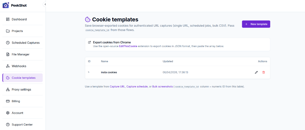 PeekShot Cookie Templates list showing the saved "insta cookies" template with ID 5, creation timestamp, and edit/delete action buttons