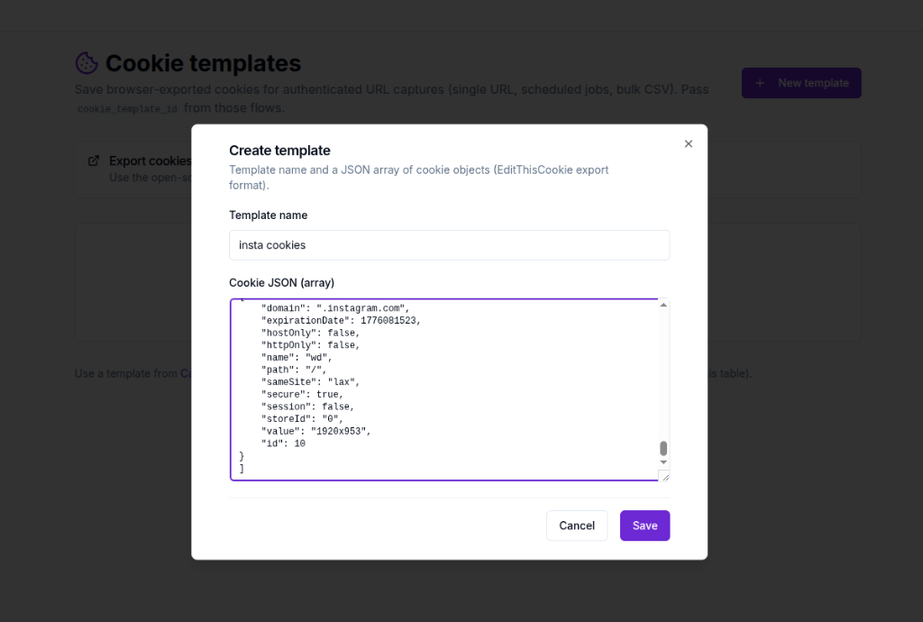 PeekShot "Create template" modal with template name set to "insta cookies" and the cookie JSON array pasted into the input field